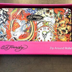 ❤️‍🔥 Ed Hardy Zip-Around Wallet & Key Ring Set – New in Box ❤️‍🔥